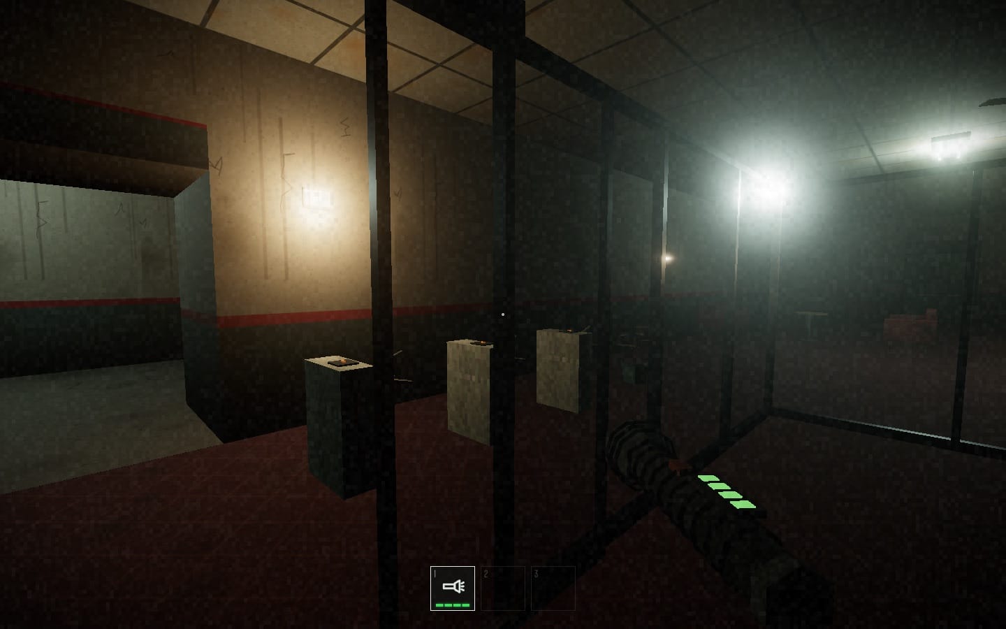 A flashlight illuminates Swoleman's worn gym corridor beneath flickering ceiling lights.