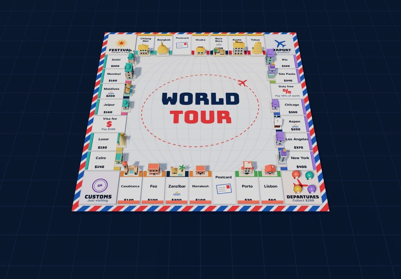 The World Tour board, with cities from Lisbon to Tokyo and buildings on each tile