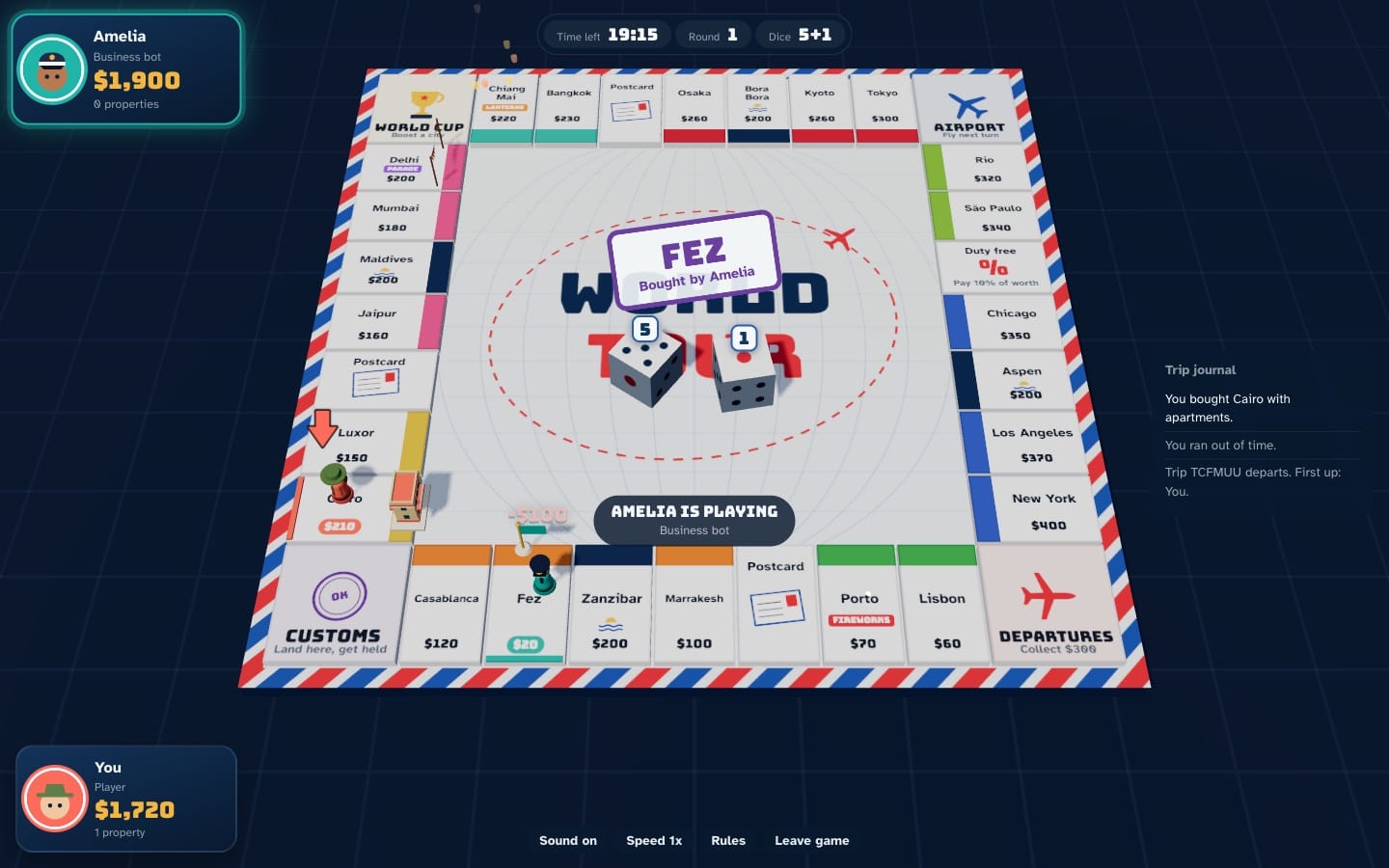Dice roll across the World Tour board, surrounded by city tiles and miniature buildings.